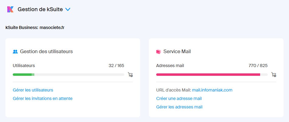 Dashboard Manager Infomaniak avec accès kSuite et messagerie