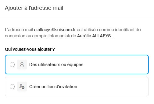 Choix entre utilisateur existant de l'organisation et invitation d'un nouvel utilisateur pour une boîte mail