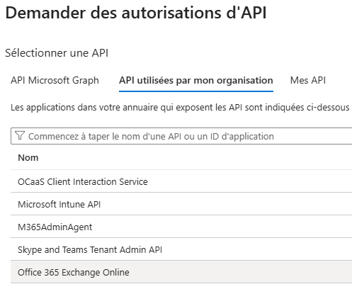 Microsoft-Entra-Fenster API-Berechtigungen anfordern mit dem Tab APIs, die meine Organisation verwendet und Office 365 Exchange Online