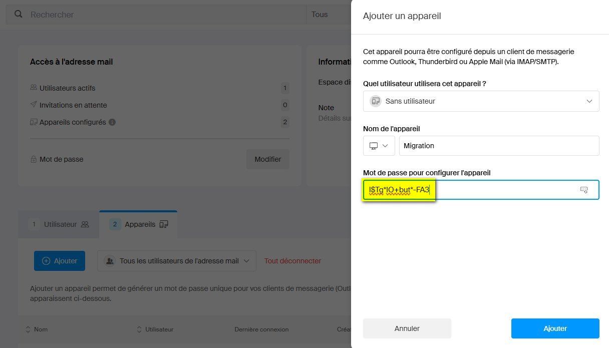 Auto-generated application password by Infomaniak with the name Migration